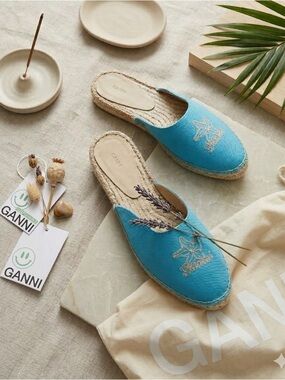 GANNI Embroidered Canvas Espadrille Slippers Turquoise Women’s Size 9 EU 39 NIB